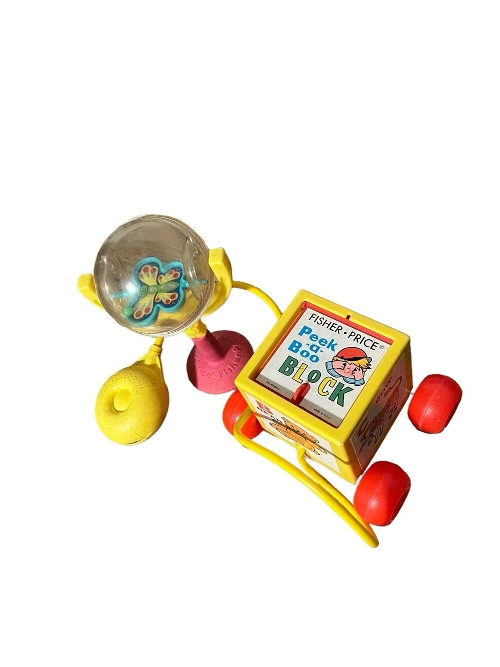 VTG Fisher Price 1970 PeekaBoo Block & Suction Cup Spinning Butterfly Toy